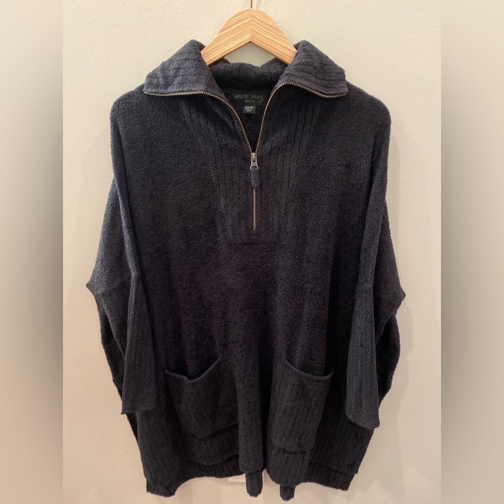 Barefoot Dreams CozyChic Lite Quarter Zip Sweater Pockets Black Size XXS/XS